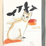 A4原画（114）夕日の白猫のイラスト 絵 絵画 アート 手描き イラスト