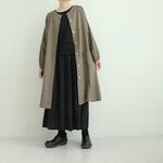 リネン100%ノーカラーコート　ライトカーキ