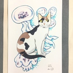 A4原画（115）クラゲと猫のイラスト① 絵 絵画 アート 手描き イラスト