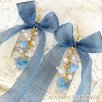 ＊Aphrodite＊フラワー×スワロフスキー　シフォンリボンピアス　イヤリング スモークブルー
