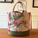 dillyu様専用・リネンの花束プリント巾着トートバッグ ・ピンク