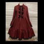 1点物*特別価格♪2段ティアード フリル ワンピース★ブラウスワンピ・シャツワンピ・エンジ×黒レース(即納品)