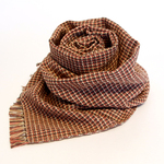 手織りコットンストール 薄手ﾁｸﾁｸしない (こげ茶xベージュxオレンジのチェック柄)