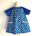 新作☆半袖スモック・カレイにヒラメ魚君×青(110size)