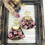 ふんわり✳︎ヴィンテージ風刺繍リボンイヤリング✳︎ブラック×ピンク