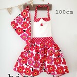 100㎝子供用 エプロン(ポケット付き)&三角巾 セット (赤 花柄) 